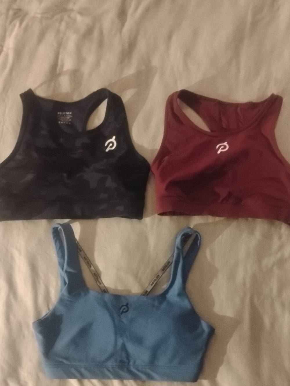 Peloton Trio Sports Bras - Black Camo, Burgundy, Sky Blue